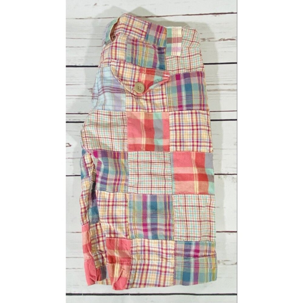 Zoo Plaid Shorts Womens Sz 0 Flat Front 11” Inseam Longer Pink Tan Rolled Cuff - Picture 10 of 10